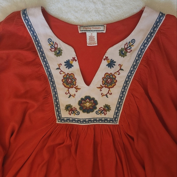 Orange Boho 3/4 Balloon Sleeve Embroidered Peasant Top By Flying Tomato Size M - Picture 4 of 5